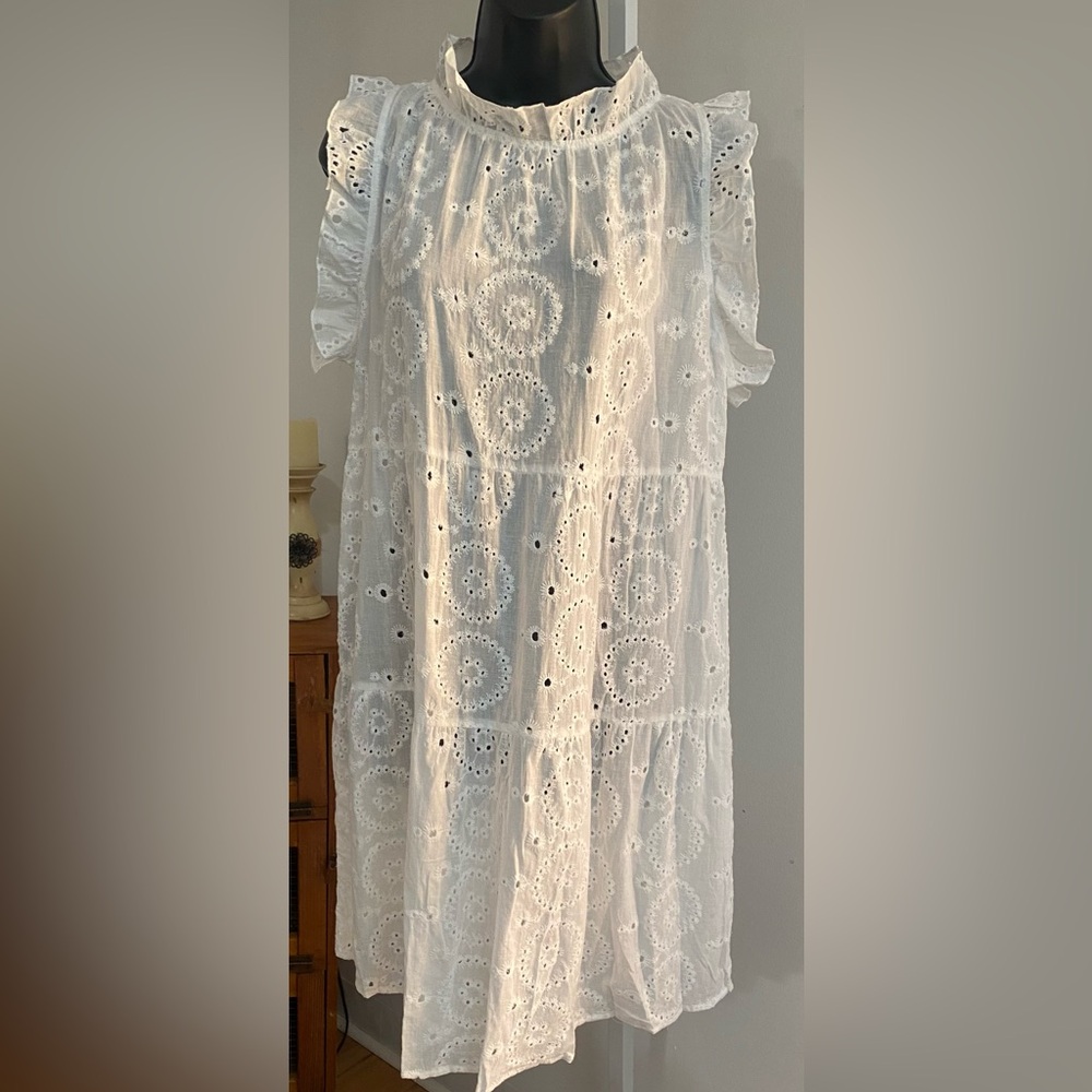 ➕Flutter Sleeve Eyelet Lace Dress. Color: White. Size: Plus - Picture 2 of 11